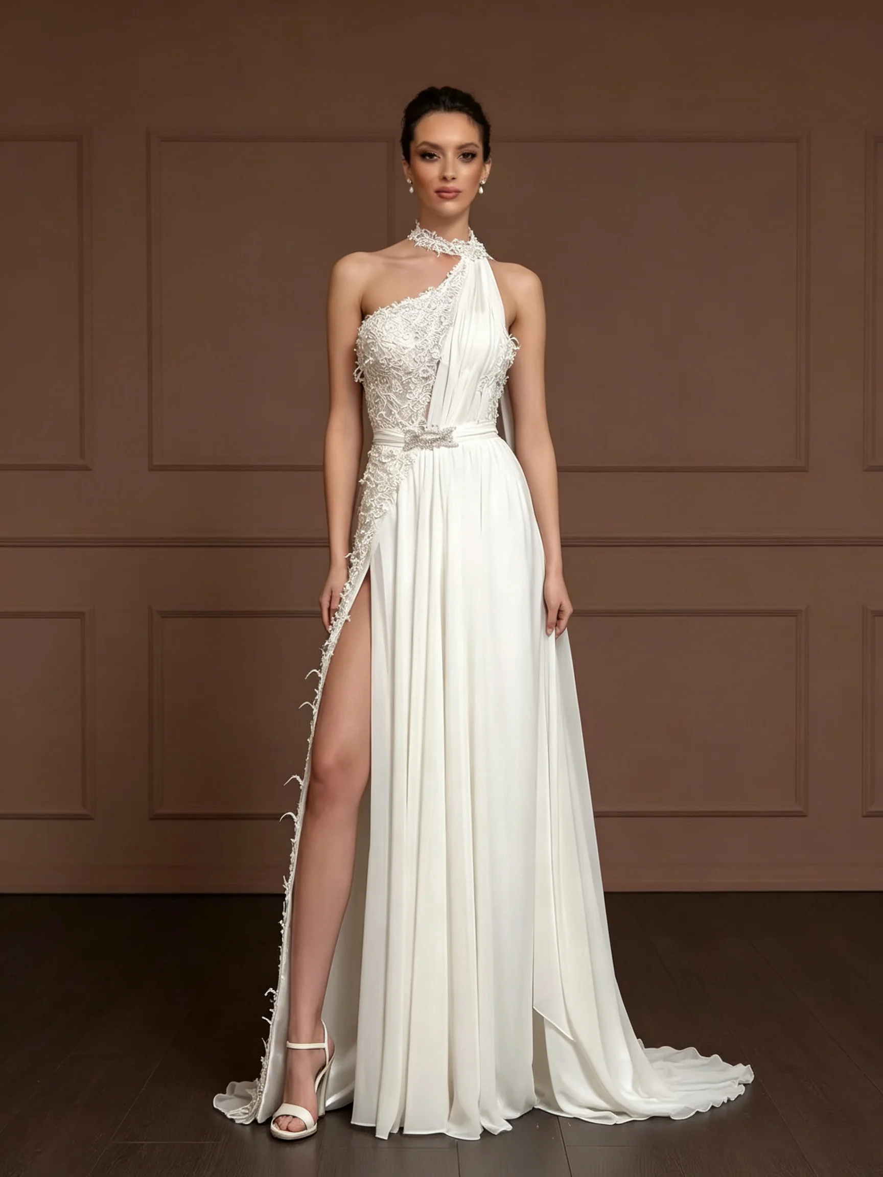 Halter One Shoulder Chiffon Wedding Dress Lace Appliques Cape Sleeve High Slit Bridal Gown Beaded Sash Court Train Custom Size