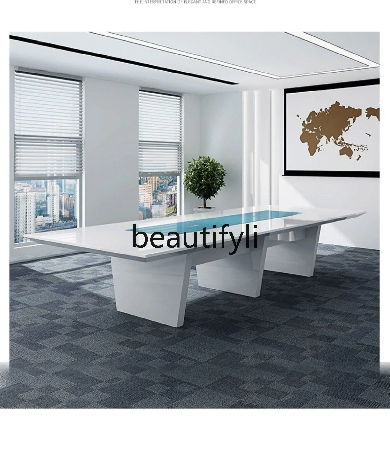 심플하고 모던한 회의실 테이블과 의자 조합, 긴 사무실 책상, 직사각형