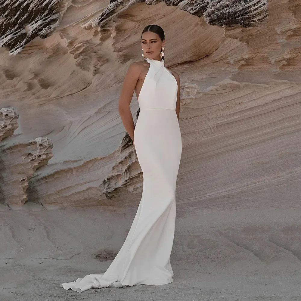 Customized  Simple Mermaid Halter Boho Wedding Bride Gown Sexy Backless Soft Bridal Dress Robe Exquisite Modern Style Retro High