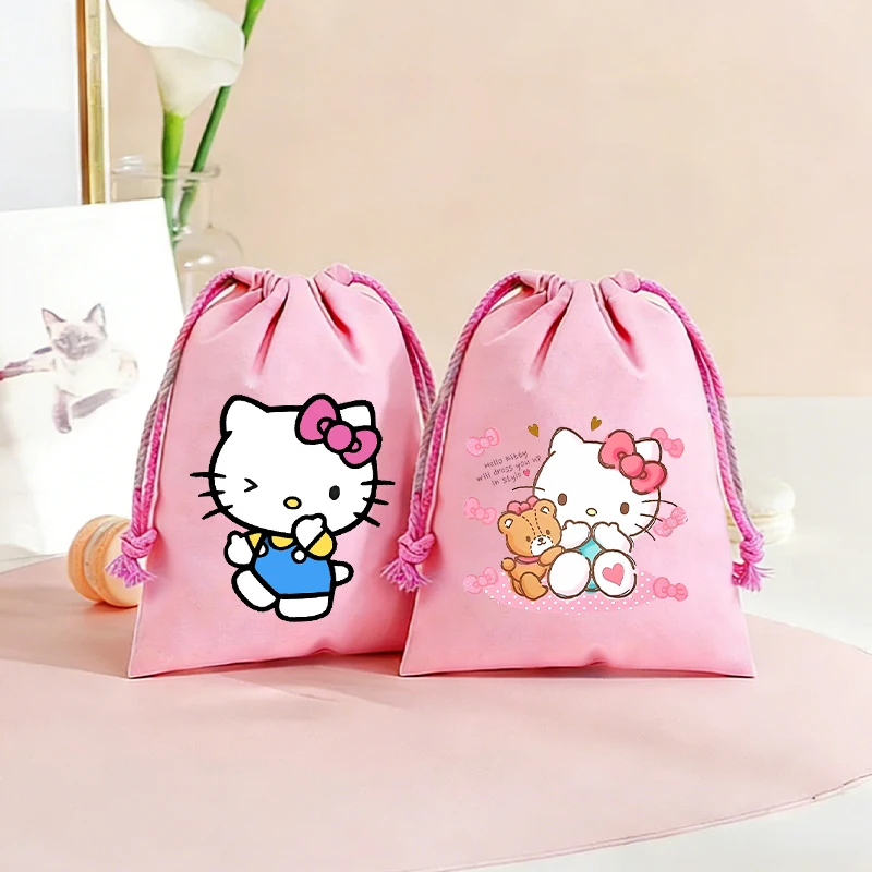 

Cute Kitty Pink Drawstring Bag Sanrio Anime Canvas Printed Pouch Kids Girl Portable Y2K Kawaii Party Candy Toys Gift Hand Pocket
