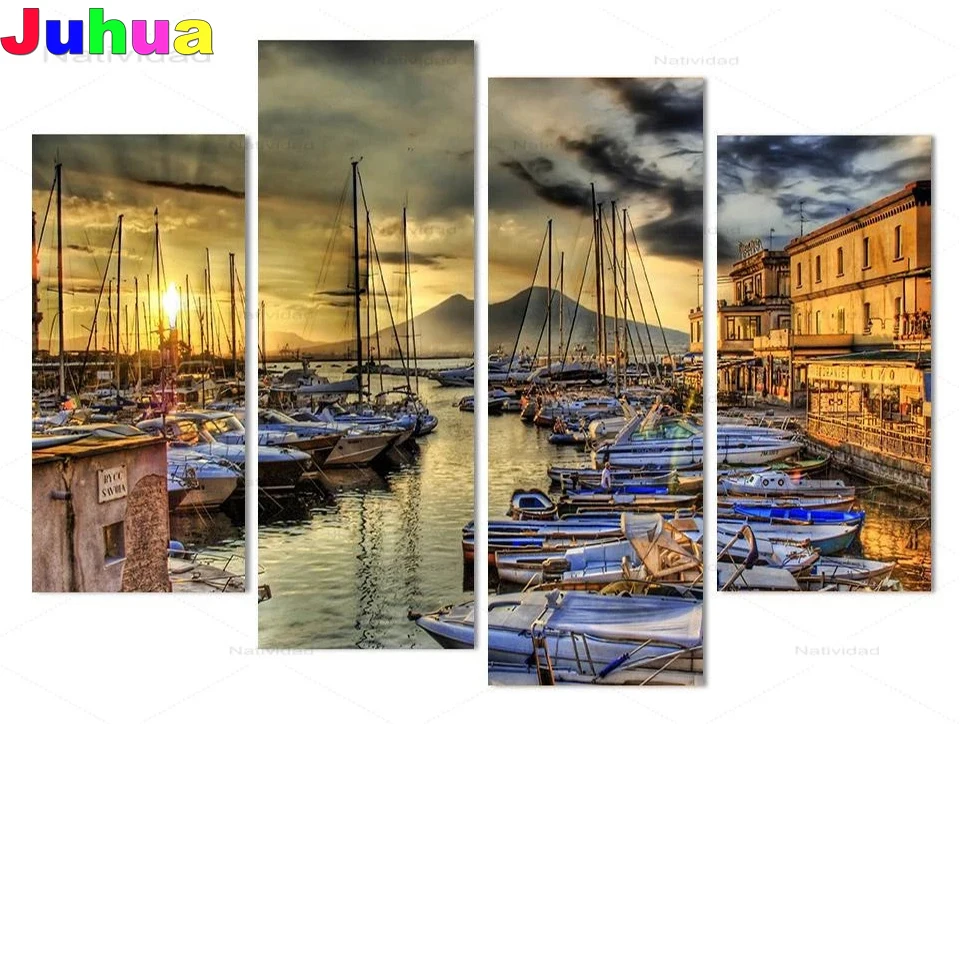 

4 Panel set Naples Italy Wharf Boats 5d diy diamond painting full drill mosaic landscape diamond stitch embroidery gift home