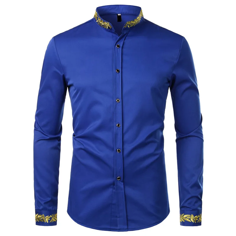 Gold Embroidery White Shirt Men Brand New Stand Collar Mens Dress Shirts Casual Slim Long Sleeve Chemise Homme Camisa Masculina