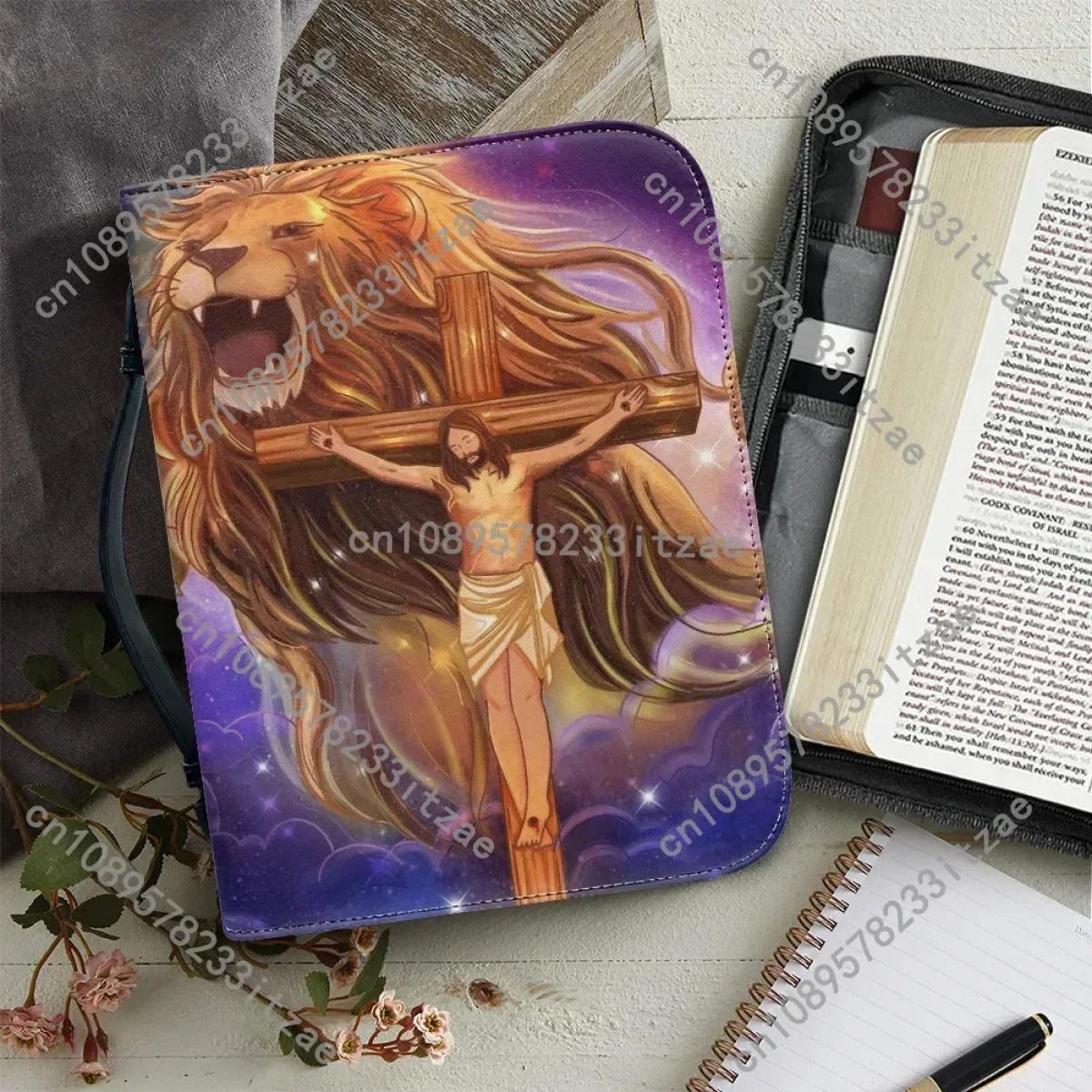 

Lion Bible Praise Verse Print Bible Cover Case Women's Leather Handbags Zippered Handle Bible Bag Practical Storage Bags