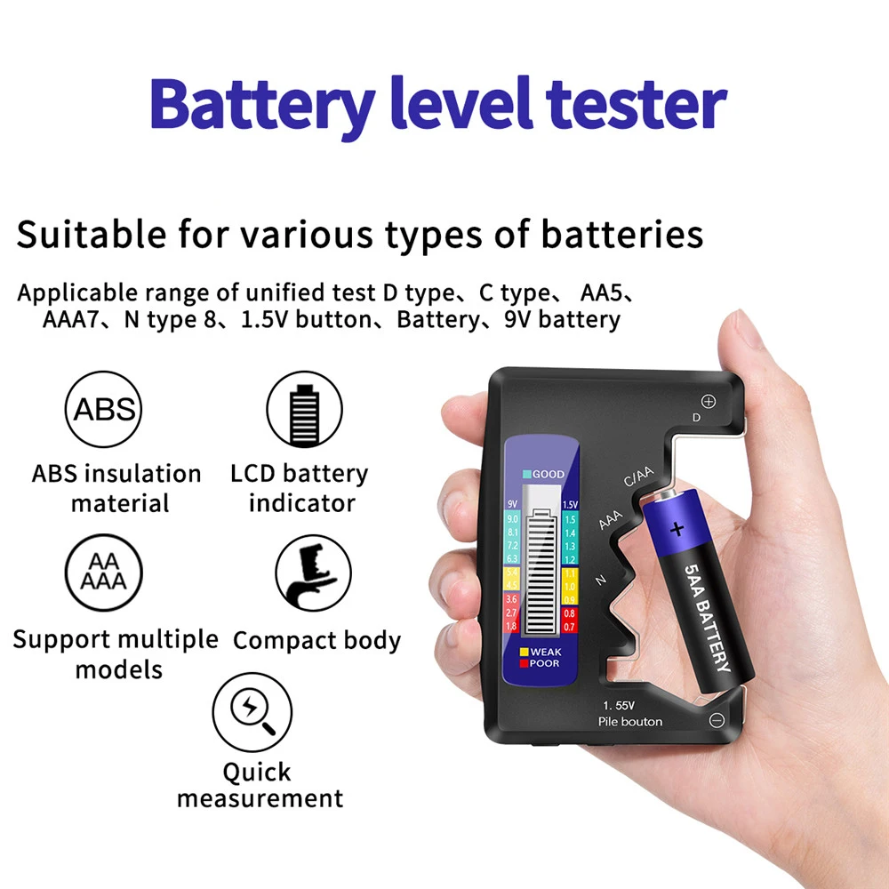 Digital Lithium Battery Capacity Tester LCD Display Check Detector Capacitance Diagnostic Tool for AA/AAA/9V/1.5V Button Cell