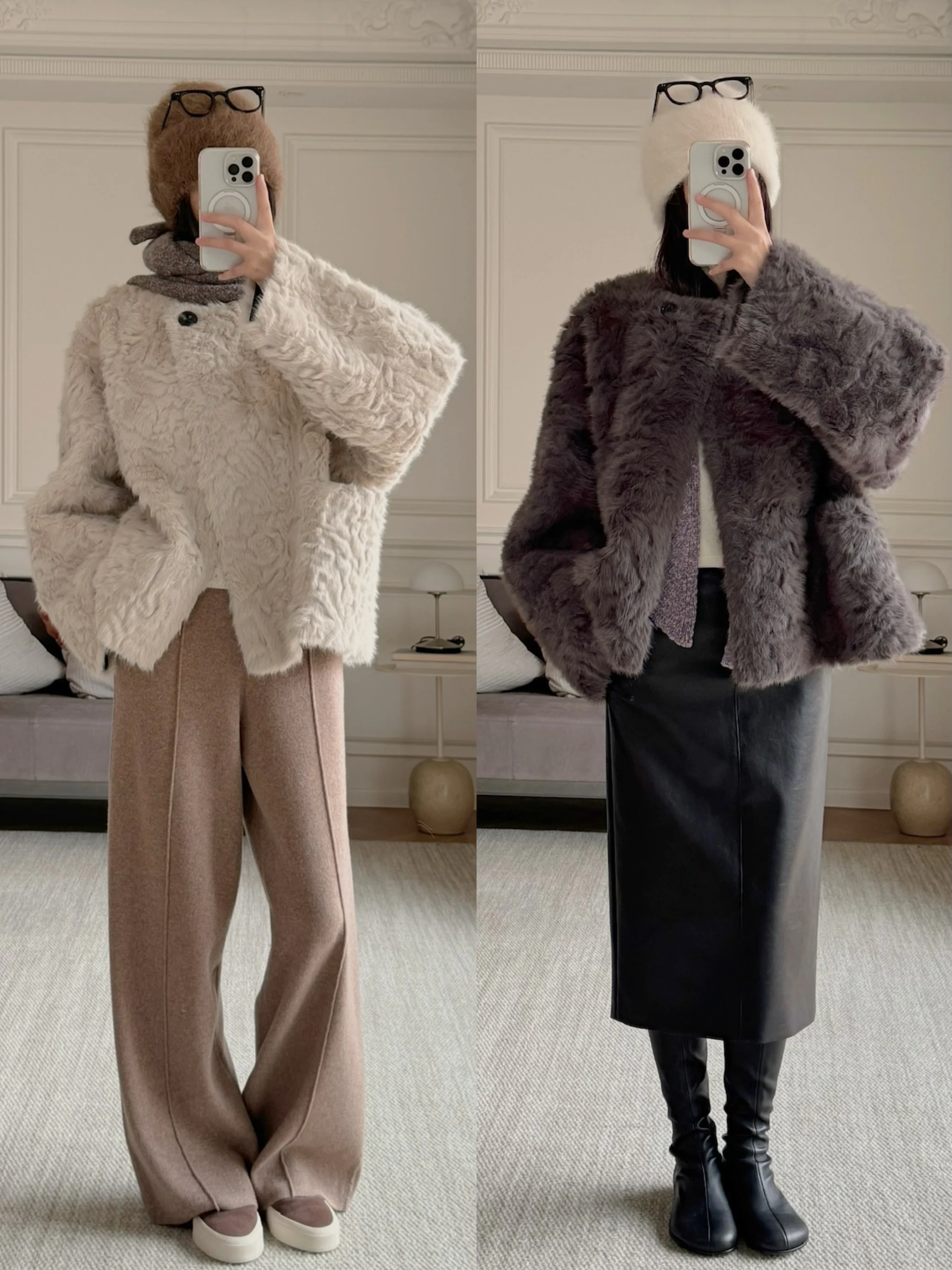 

Eco-Friendly Double-Sided Wear Lake Lamb Fur Jaet Loose round Ne eepskin Coat Women's Simple Sle Long Sve Zipper