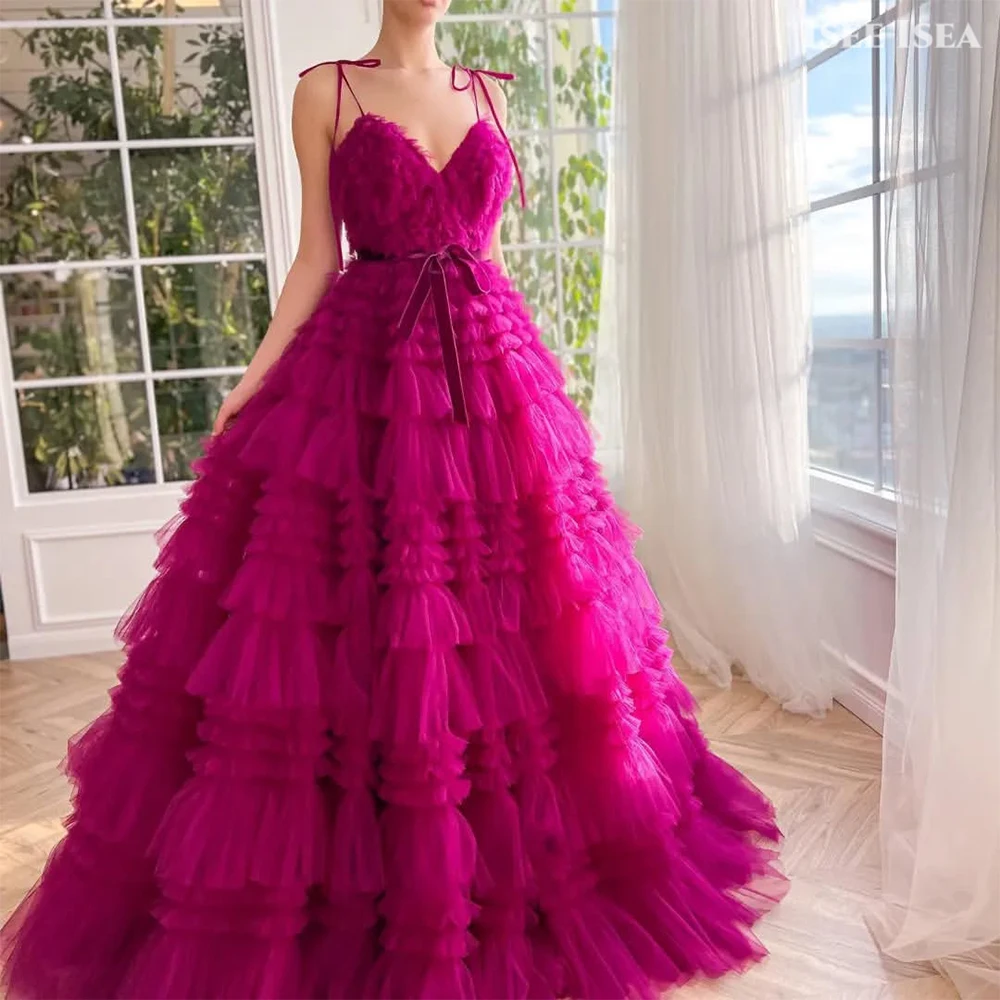 فساتين سهرة وردية على شكل حرف v ثوب حفلة سباغيتي حزام فيستدوس دي فييستا أنيقة طبقات للحفلات الراقصة 2025 مخصص