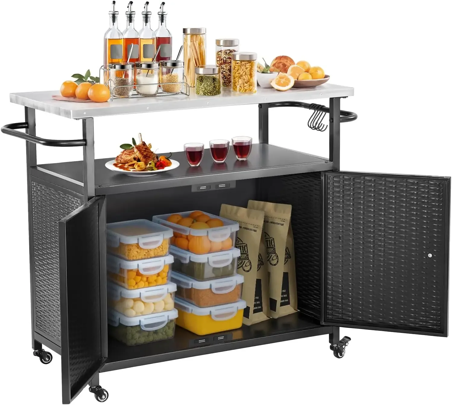 Outdoor Bar Cart with Wheels, Kitchen Island Cart with Stainless Steel Top for BBQ, Patio, Backyard