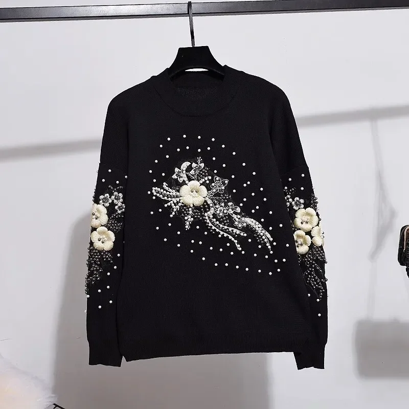 

Beading Flower Knitted Tracksuits Women Outfits Korean Fashion Loose Casual Black Gray Pullover Sweater Pencil Pants Set Female