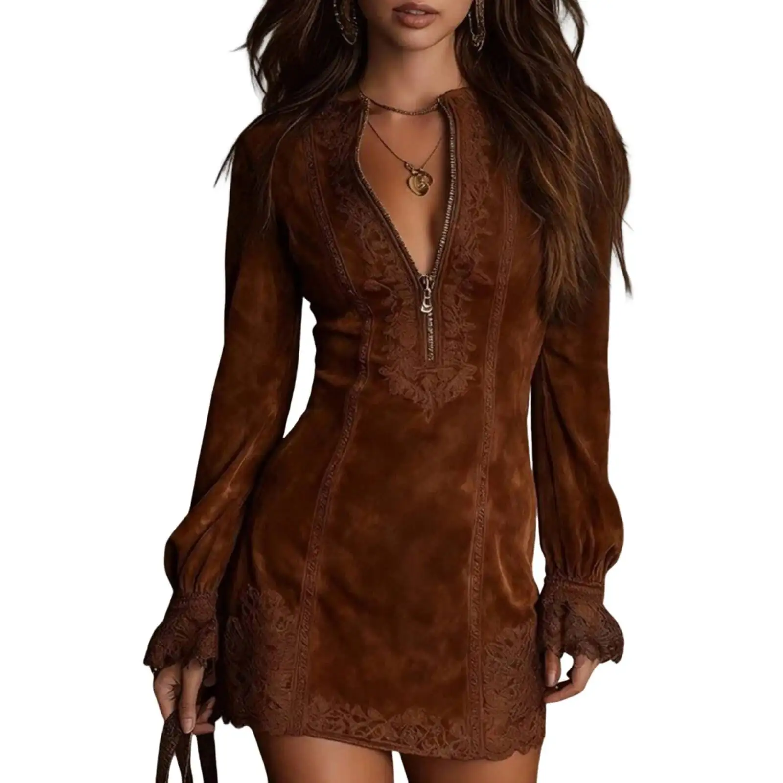 

Suede V-Neck Zipper Lace Long Sleeve Solid Color Vintage Mini Trendy Chic Casual Retro Trim Stylish Outing Dress