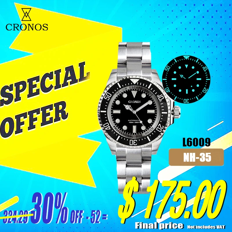 Cronos Automatic Diving Watch Stainless Steel 2000 Meters Water Resistance Professional Diver L6009M