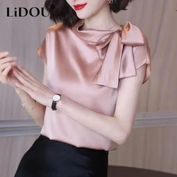 Office Lady Elegant Fashion Bow Satin T-shirt Female Short Sleeve Solid All-match Pullover Tee Women's Temperament Summer Tops