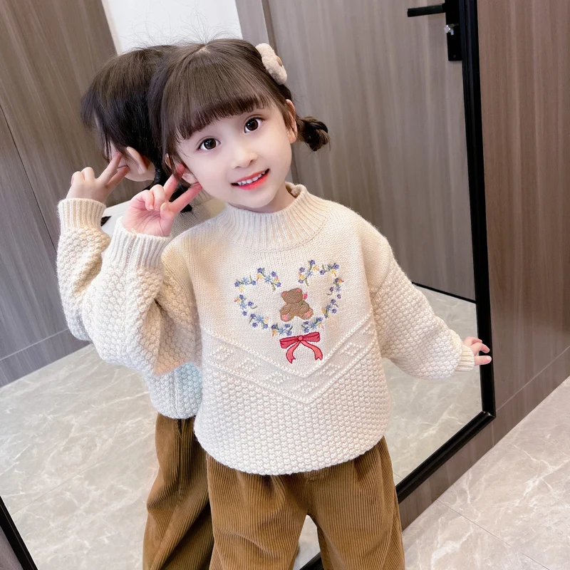

Baby Girls Sweaters Autumn Winter Korean Style Children Embroidered Knitted Sweater Cartoon Bear Comfortable Soft Kids Clothing