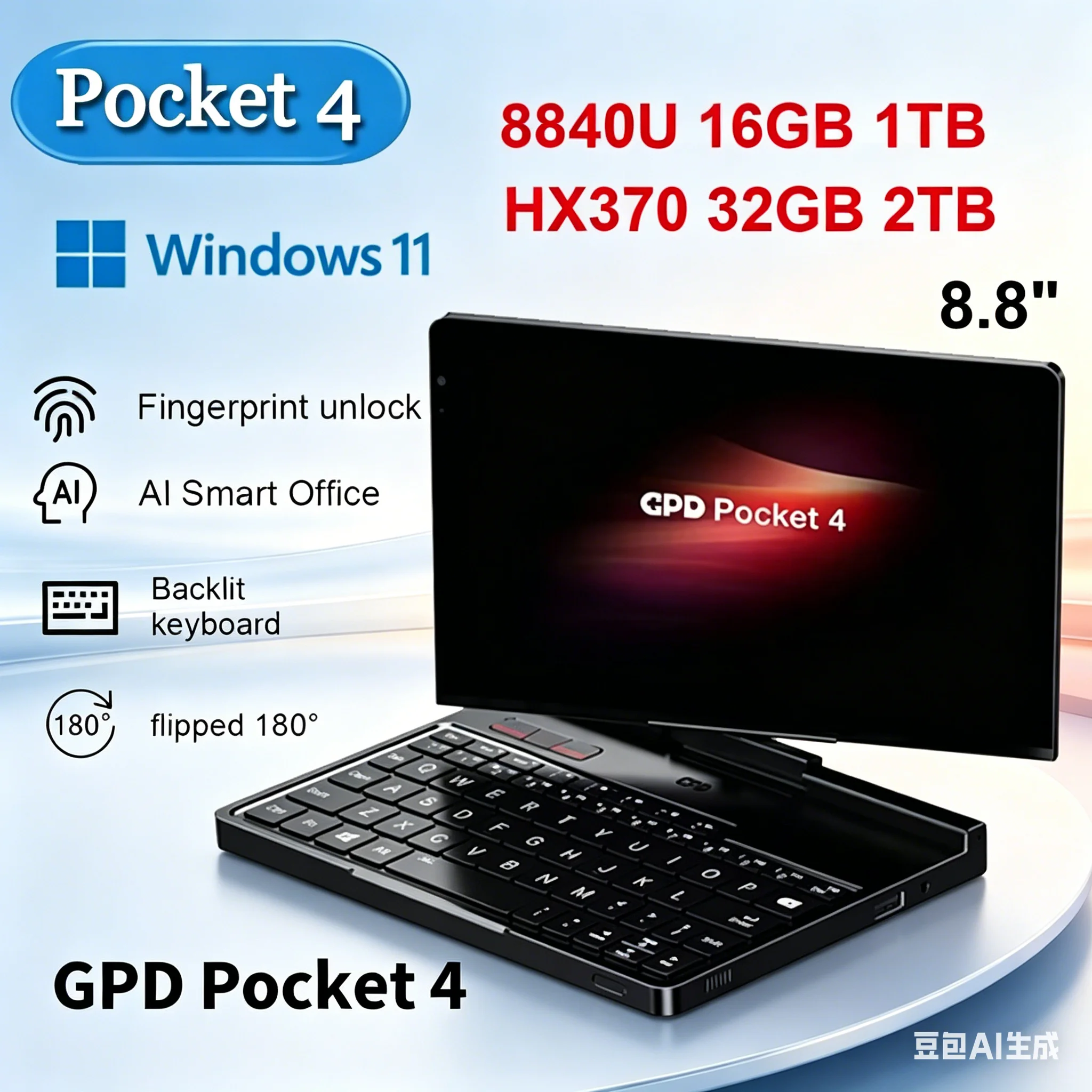 

GPD Pocket 4 8.8-inch AMD Ryzen 9 HX 3700U 64GB RAM Portable Mini PC 2TB NVMe 2026 Smart Laptop Computer Flipped 180°