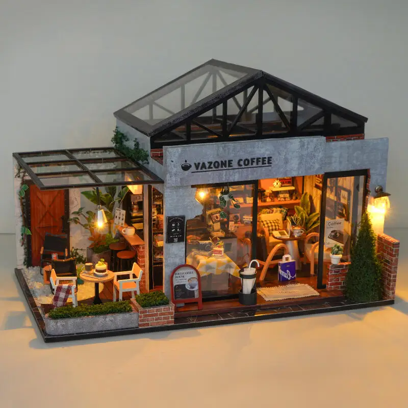 DIY Wooden Retro Coffee Shop Cottage Figurines Miniatures Kits Mini Casa for Friends Birthday Gifts Home Decor Crafts
