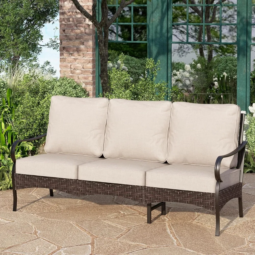 

Wicker & Metal Outdoor Patio Couch,3-Seat Patio Sofa with Deep Seating for Front Porch, Deck, Balcony, Backyard, Sunroom