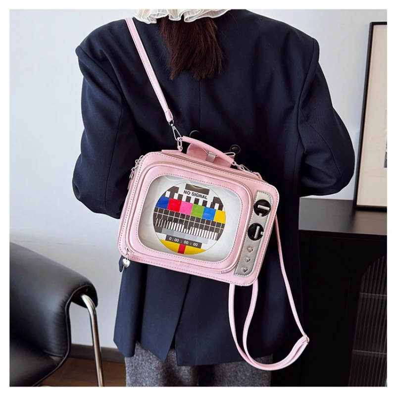 حقيبة ظهر نسائية مع موضوع تلفزيون قديم ومقصورات وظيفية وحقيبة كتف مربعة من البولي يوريثان ومحفظة كروس للأساسية #1