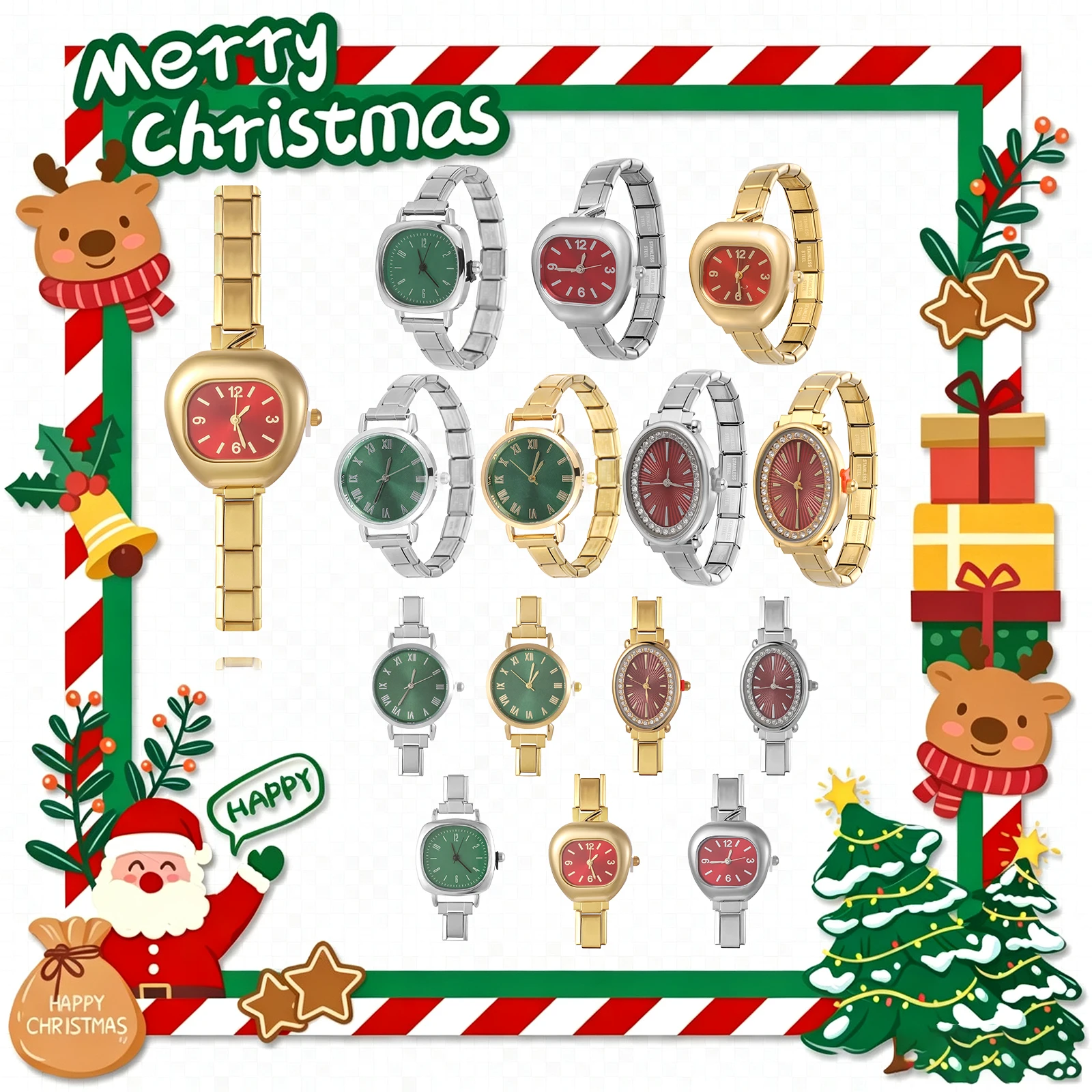 Fashion Women Men's Watch Elastic Bracelets High Quality Stainless Steel Red Green Oval Watch Head Bracelets For Christmas Gifts