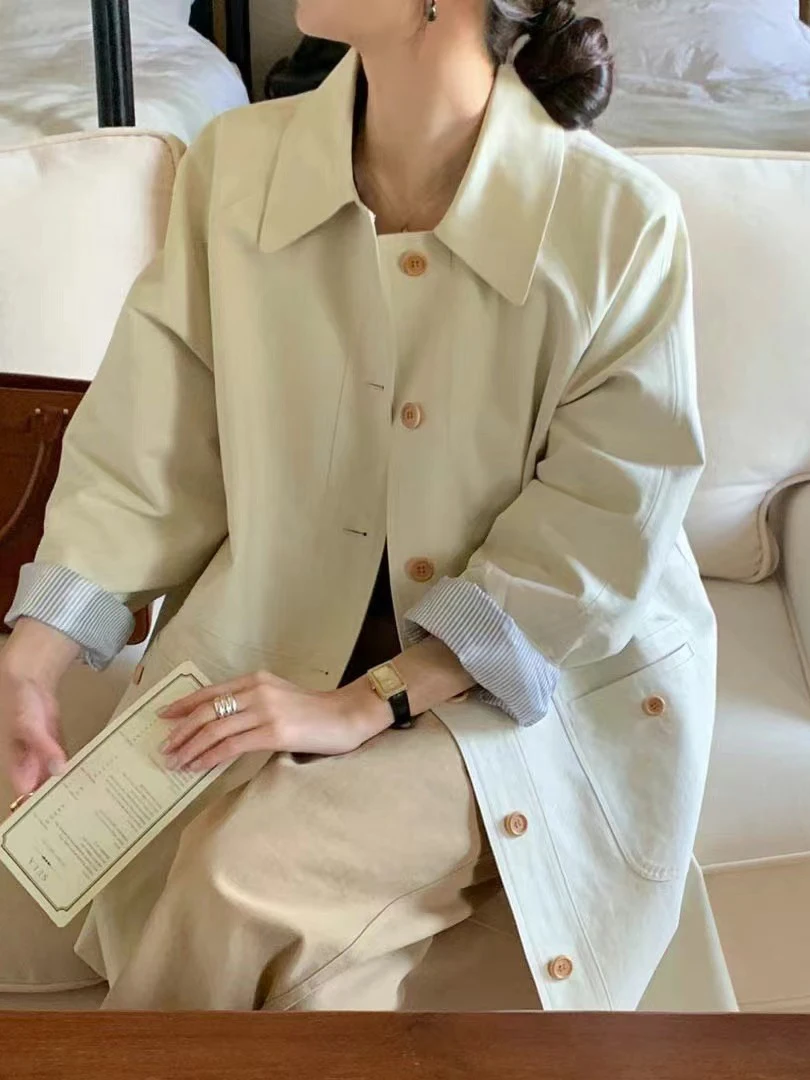 

Chic Early Autumn Women's Vintage Single-Button Coat Ele Outerwear High-End Feel Long Sve Mid-Length Straight Cut