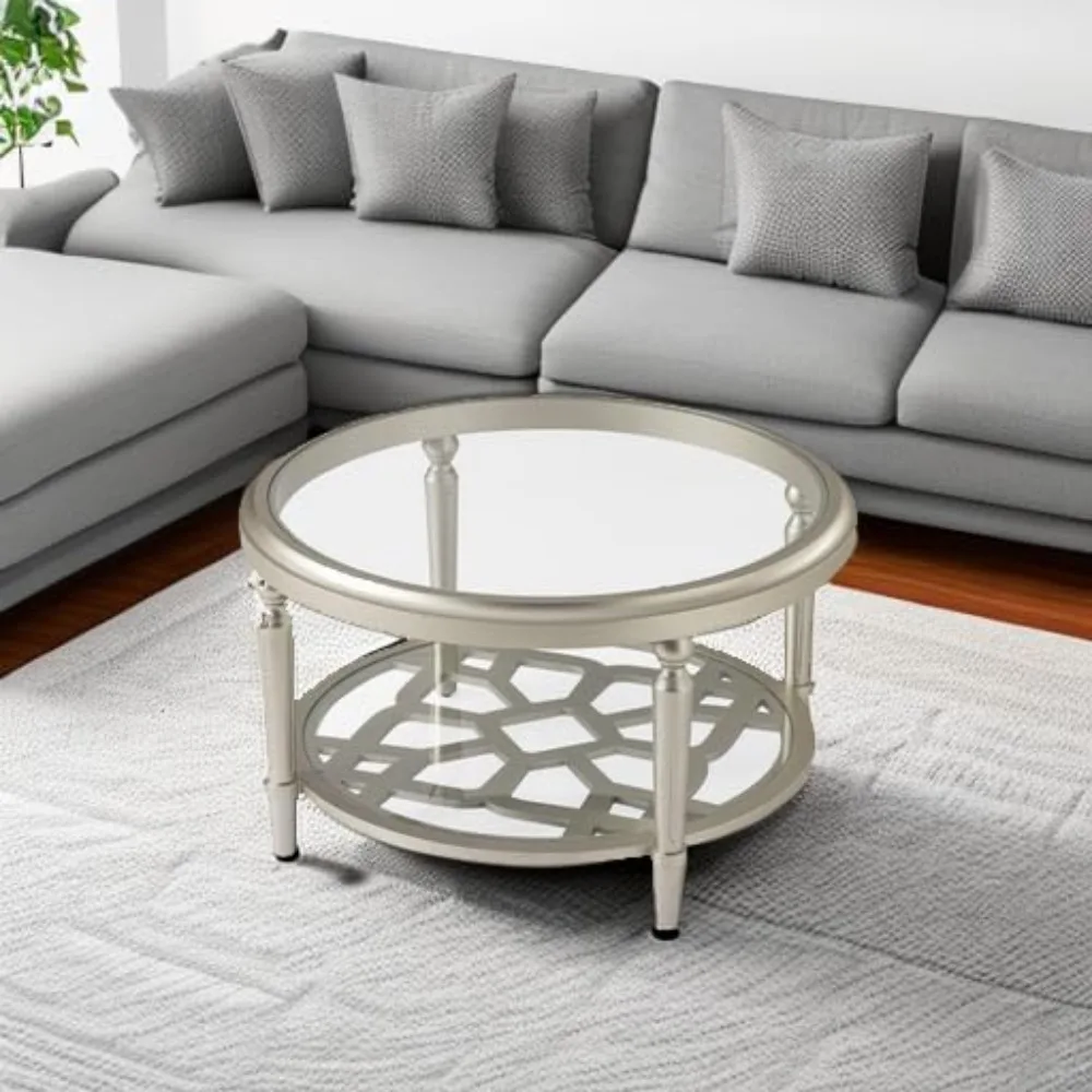 Glass Coffee Table, 32 Round Coffee Tables with Storage, 2-Tier Glass Top, Clear Coffee Table, Simple & Modern Center Table