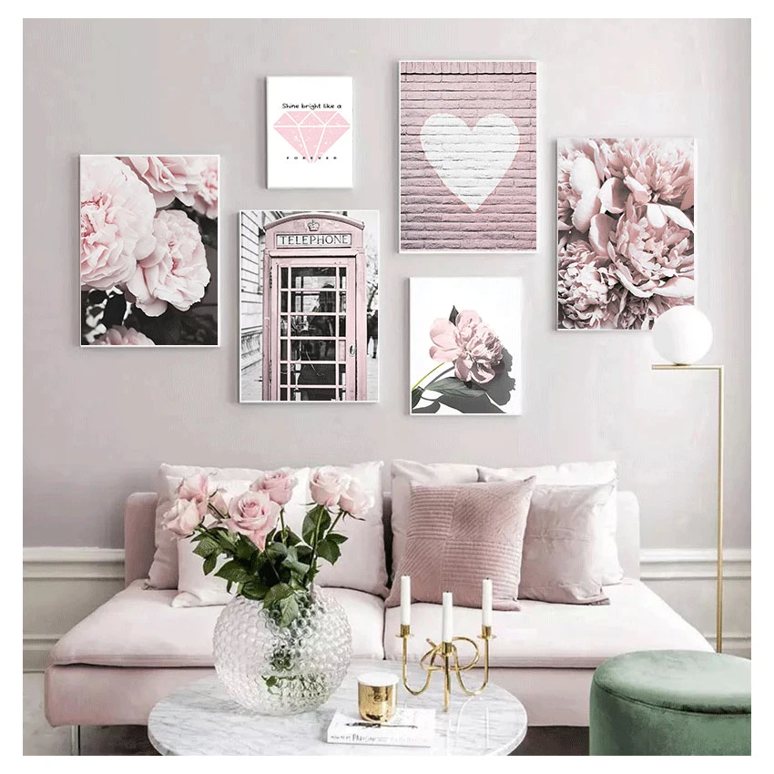 Rock Love Quote Wall Art Canvas Painting Nordic Posters And Prints Wall Pictures For Living Room Pink Flower Bus Telephone Booth