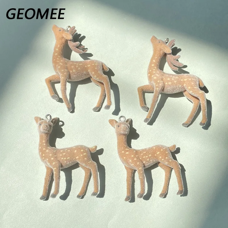 20pcs 3D Flocking Sika Deer Resin Charms Bulk Wholesale Simulation Christmas Elk Pendant Diy For Keychain Jewelry Make