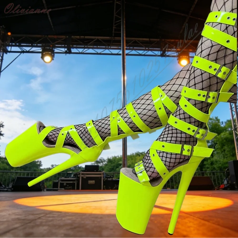Shiny Green Many Belts Strap Sandal Boots Open Toe Hollow Rivets Decor Pole Dance Stiletto High Heel Sexy Women Shoes Nightlub
