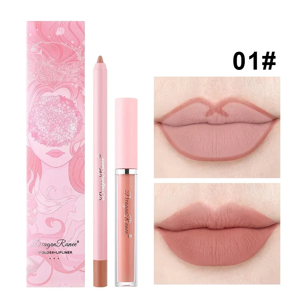 Heallor 2pcs Lipstick Lipliner Pen Set Matte Waterproof Lip Liner Pencil Contour Makeup Sexy Red Lip Stick Long Lasting Cosmetic