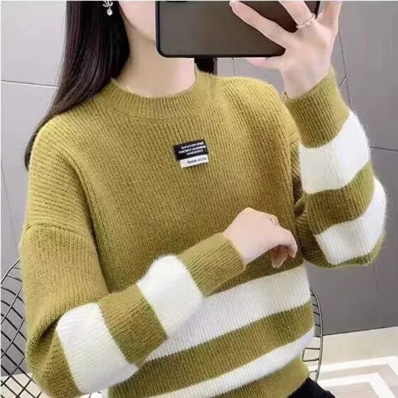 Autumn and Winter Women\'s Contrast Color Crew Neck Long Sleeve Loose Knitted Sweaters Jumpers Fashion Casual Office Lady Tops