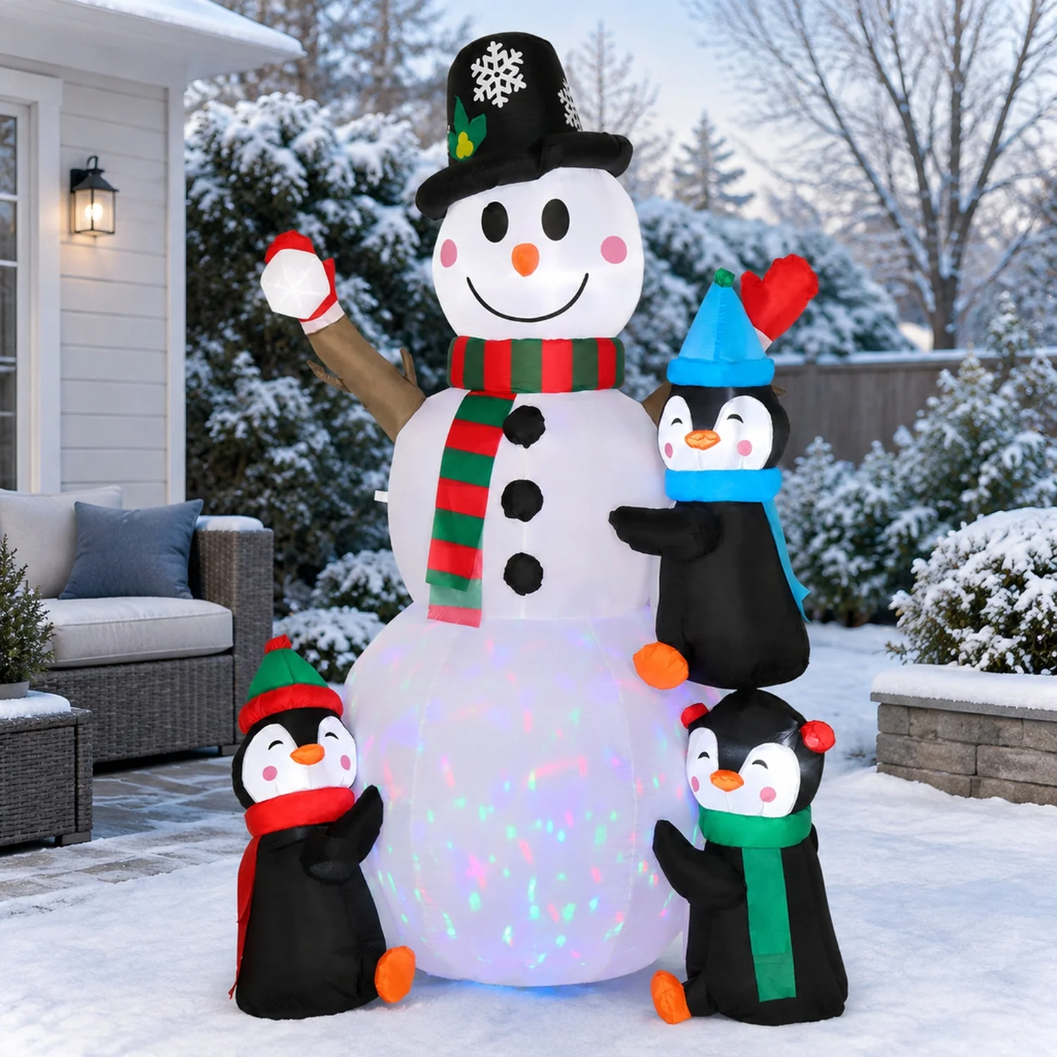 6ft With 3 Penguins, 4 Light Strings, 1 Colorful Rotating, Inflatable, Garden Snowman Decoration