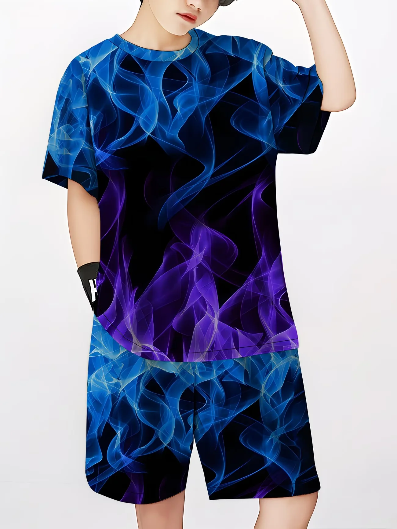 Summer Outfit Blue Flame Print Short Sleeve T-Shirt + Shorts Set Black Casual Sportswear Kids Streetwear Tracksuit