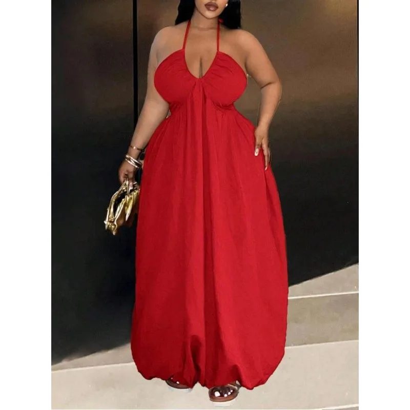 

Плюс размер новое женское платье без рукавов с завязками на шее, летнее повседневное длинное платье, однотонное праздничное платье для вечеринки