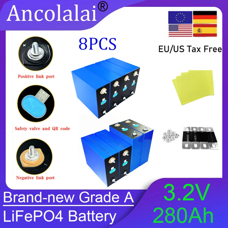 

8PCS Grade A 3.2V 280Ah LF-280K Lifepo4 Battery DIY 4S 8S 12V 24V 48V RV EV Solar Energy Storage Rechargeable Battery Duty Free