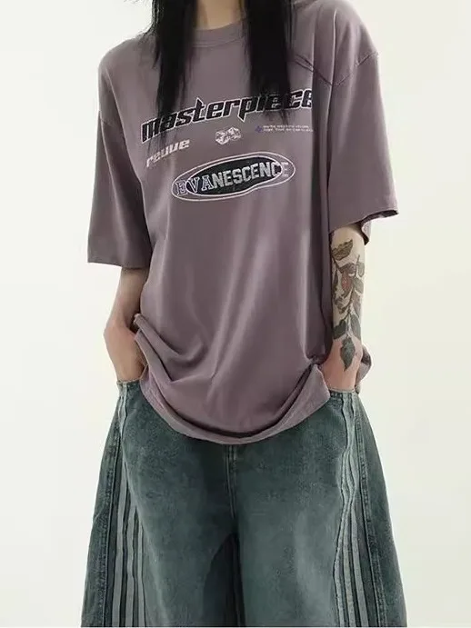Retro Street Sle Hoge Taille Wijde Pijpen Jeans Dames Cool Spliced Tee Bars Mes Denim Broek Zomer Casual Loose Fit