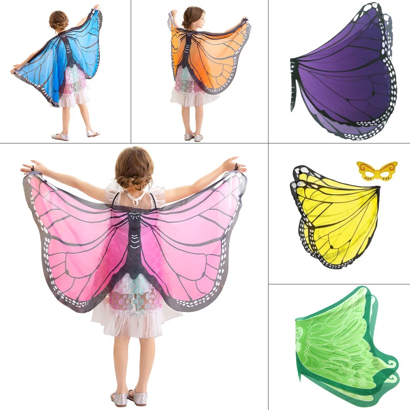 Moda Cosplay Chiffon Ali di farfalla Mantello Maschera da prestazione Elfo Ali d'angelo Mantello Costumi di scena da fata Costume da farfalla per bambini