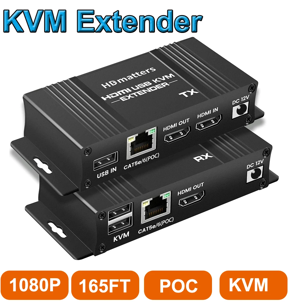 HDMI KVM Extender Over Cat5e/6 Cable up to 50M USB 2.0 KVM HDMI Extender with HDMI Loop Out for PC Laptop Monitor 1080P&POC