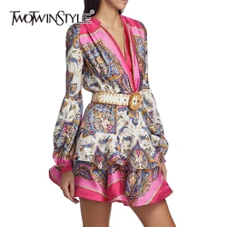 TWOTWINSTYLE Casual Colorblock Printing Dress For Women V Neck Long Sleeve High Waist Spliced Belt Chic Dresses Female KDR504141