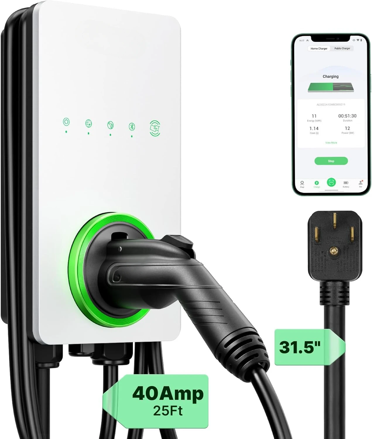 MaxiCharger Level 2 EV Charger up to 40Amp, 240V, Indoor/Outdoor Fast Electric Vehicle Charging Station with Flexible 25-F