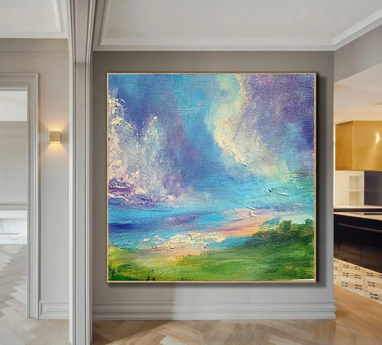 

Cerulean & Alabaster Textured Wave Art - Hand-Embossed Palette Knife Wall Art Large Coastal Grandmillennial Decor 3D Canvas Art