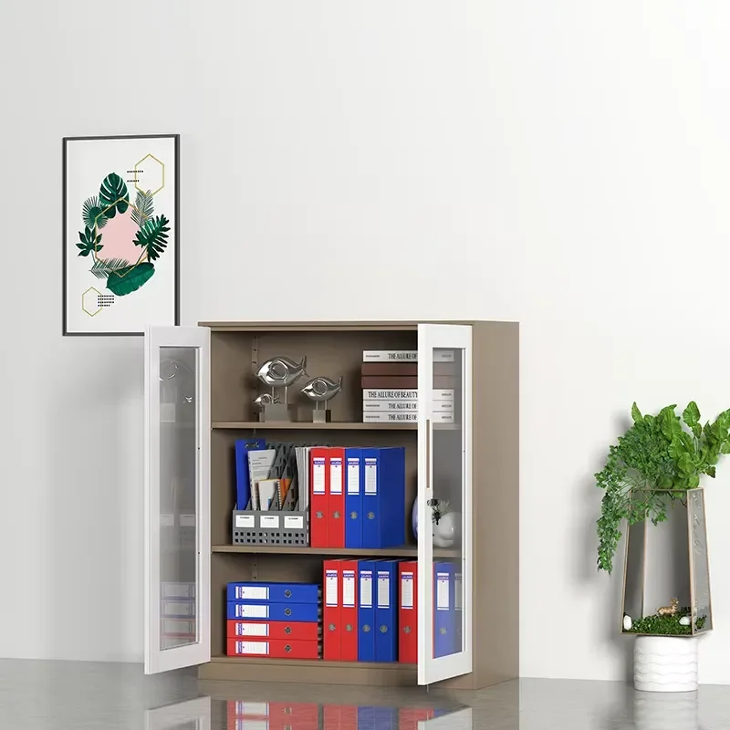 Lockable 2-Door Modern Metal Filing Cabinet White Cold Rolled Steel Storage with Adjustable Shelf & Glass Door