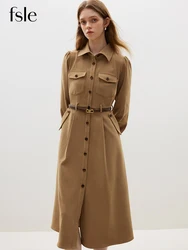 FSLE Commuter Style Retro Sense Shirt Dress for Women 2023 Winter New Slim Brushed High-waist A-line Long Skirt for Female