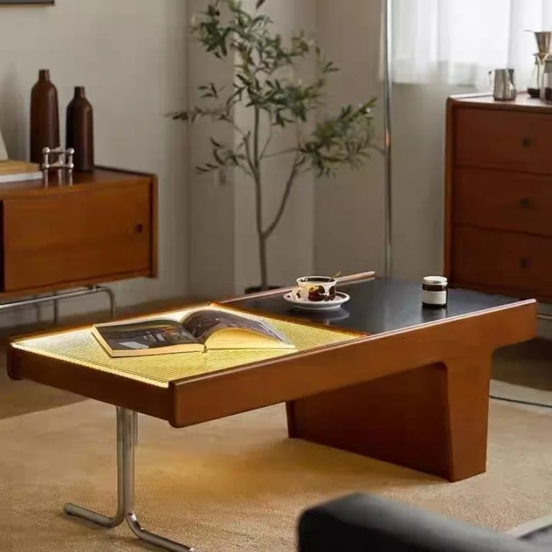 Retro solid wood coffee table, living room household small apartment Nippori glass storage rectangular solid wood tea table
