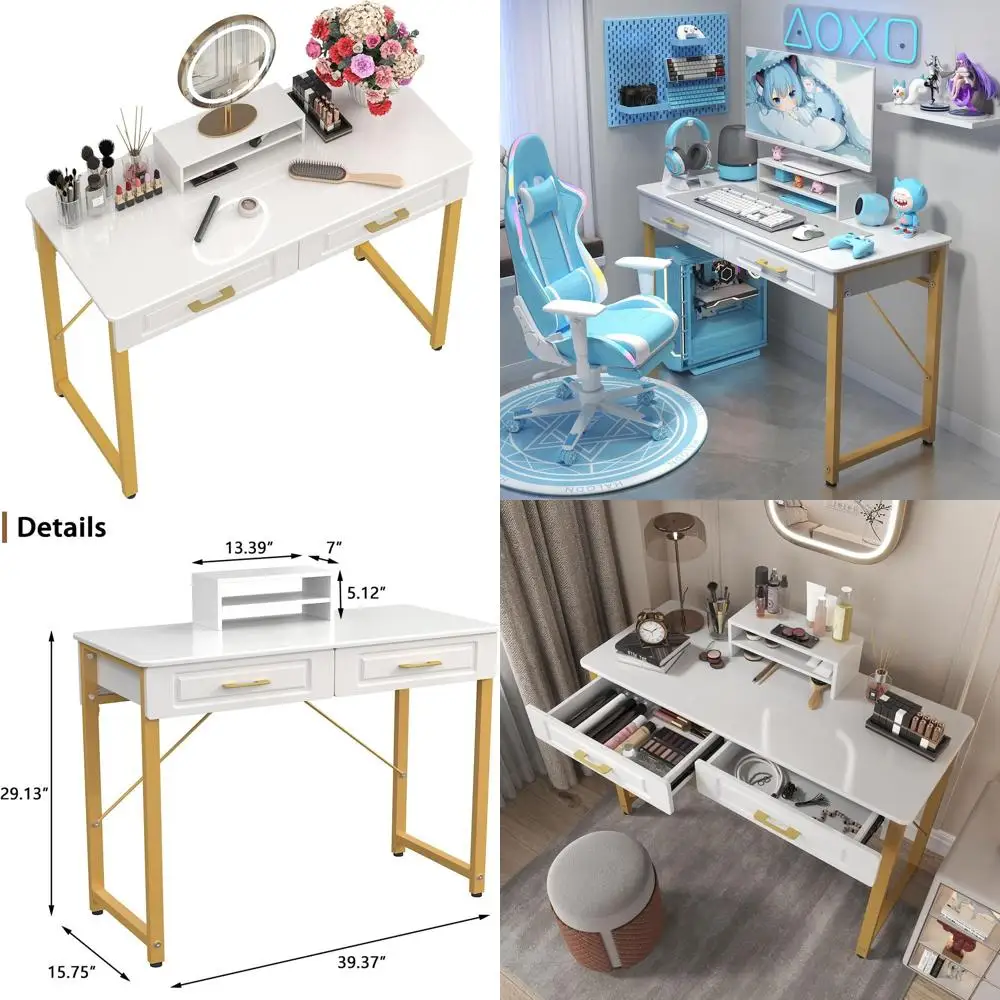

Vanity Desk with 2 Drawers and Storage Shelf, Modern Makeup Table with Glossy Desktop, Gold Metal Frame Writing Desk for Bedroom