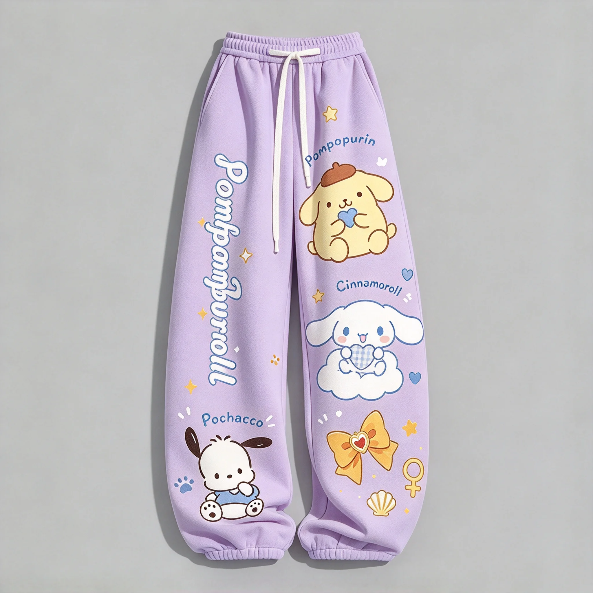 Cute Pompompurin Cinnamoroll Pochacco Print Women Pants Loose Drawstring Trousers Kawaii Girls Casual Sport Pants Streetwear