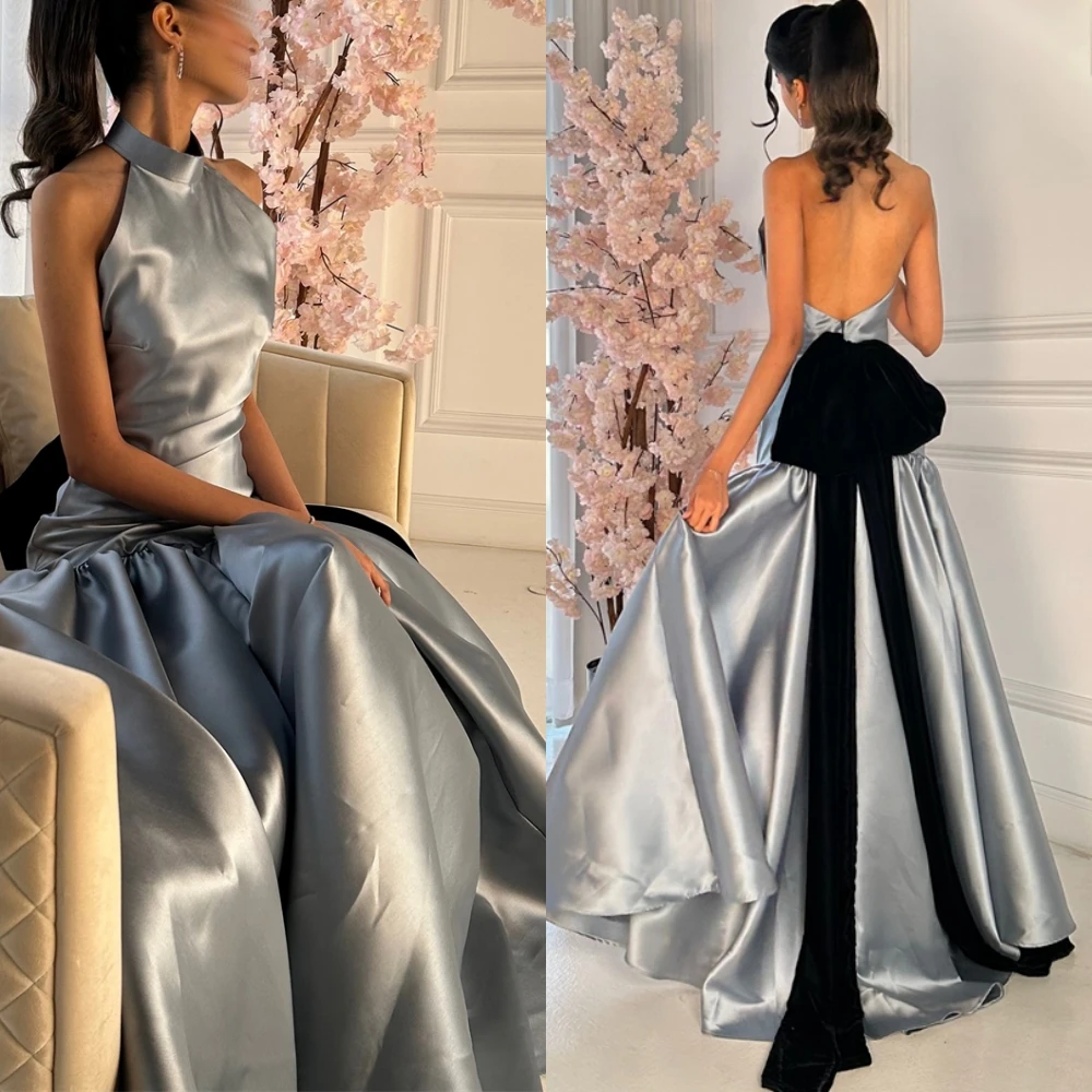 Moda personalizada cetim halter vestido de noite requintado sereia sem mangas vestido de baile moda aberta volta vestidos de ocasião especial