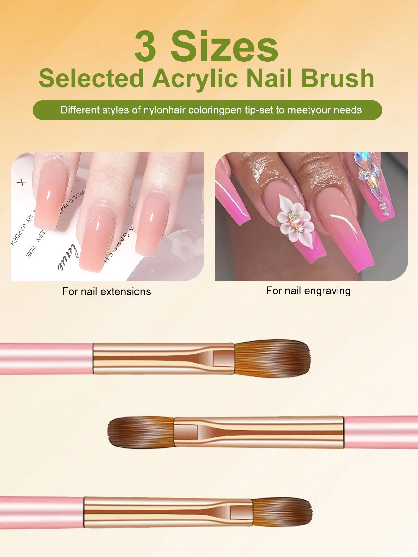 Escova acrílica para arte em unhas, tamanho 8/10/14, cabo rosa, pincel acrílico profissional, pó estendido, gravação de unhas, ferramenta de design diy