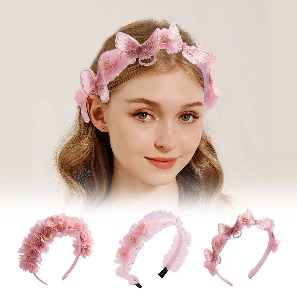 

Hair Accessories Handmade Butterfly Flower Headbands Fashion Cute Pearl Wedding Crown Pink Hair Jewelry Girls Women Lady