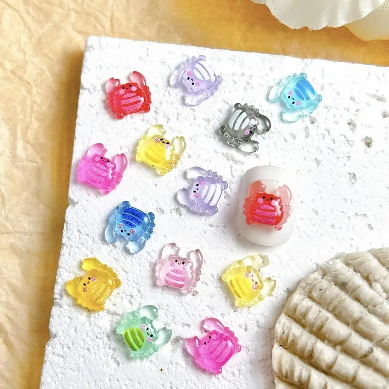 Transparent Cute Little Crab Resin Nail Charms Luminous Colorful Powder Blusher Crab Nail Art Decorations for DIY Nails Designs