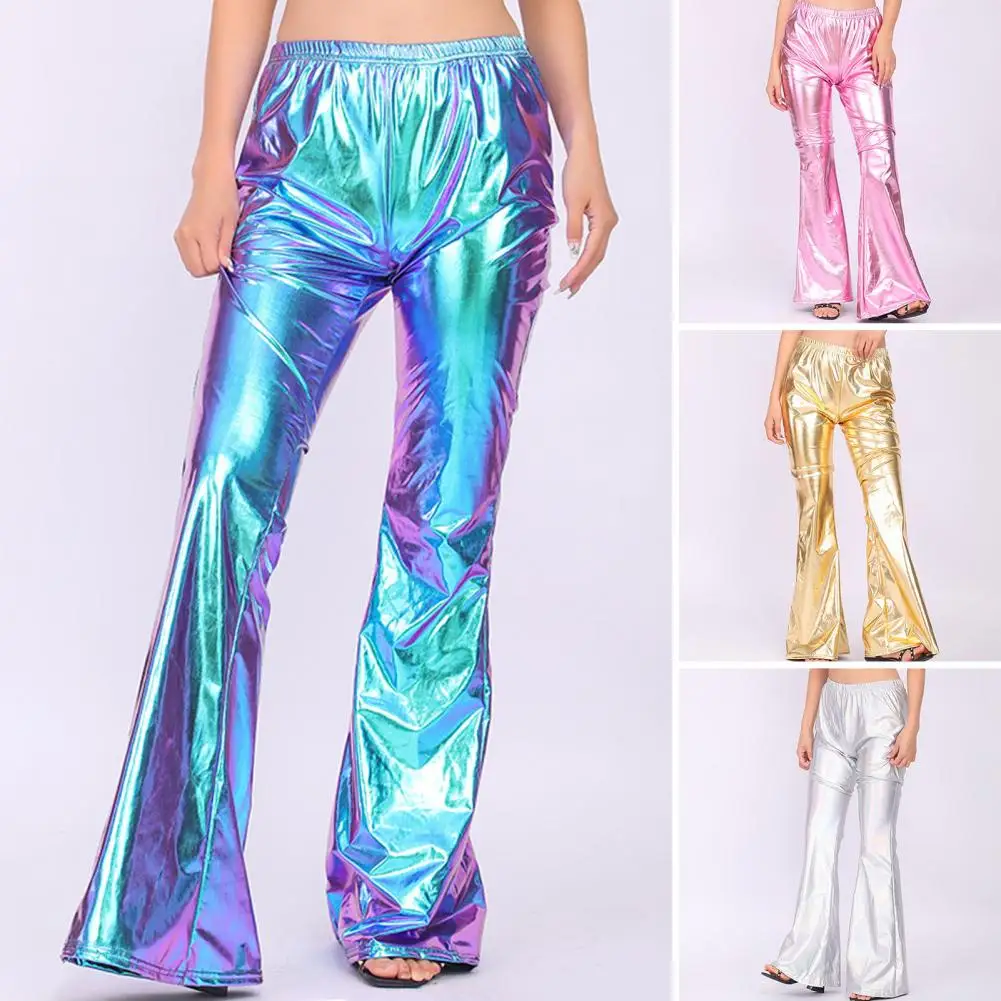 

Shiny Women Pants Vintage Disco Party Costume Clubwear Women's Shiny Metallic Bell-bottomed Pants with Elastic Waist for Stage