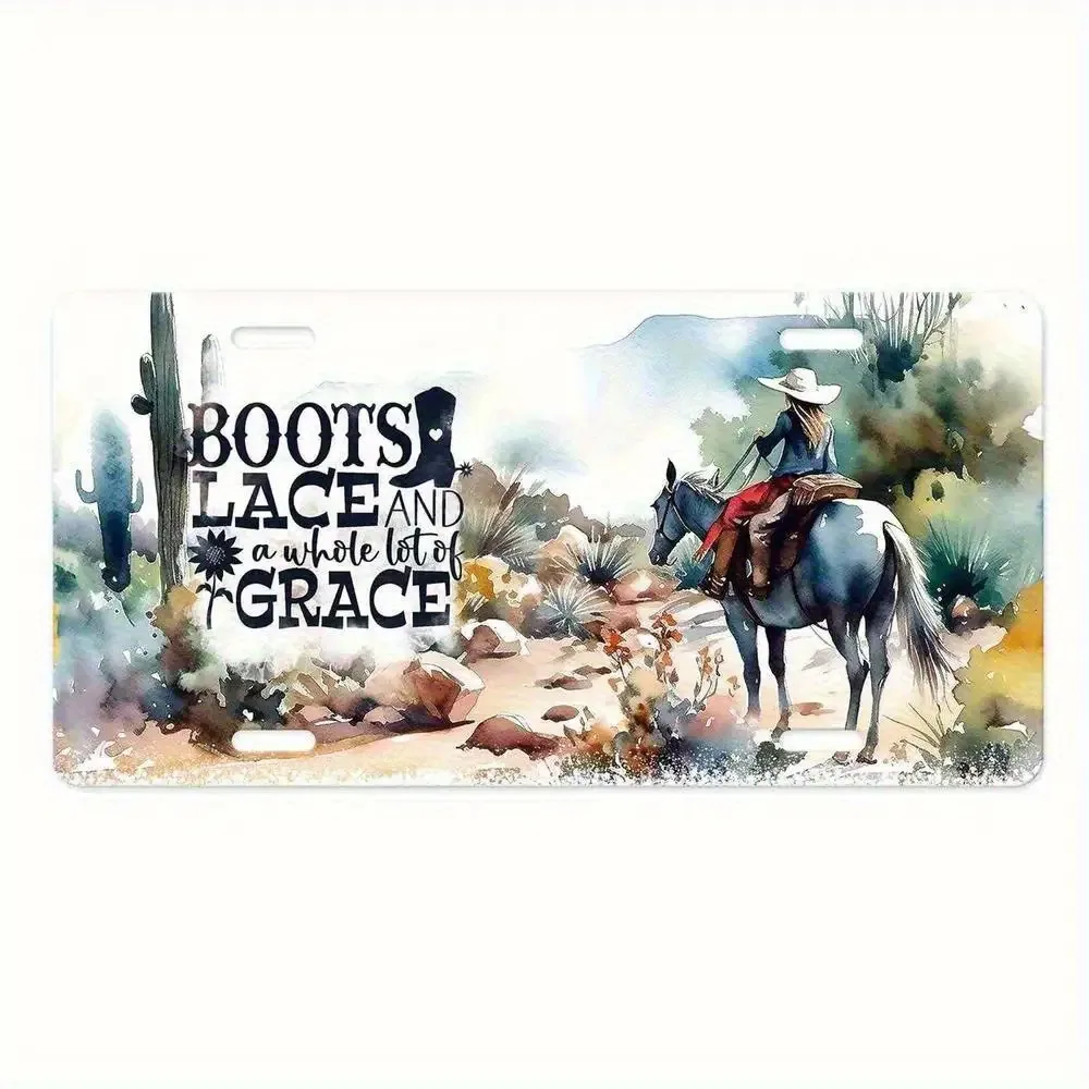 2D Flat, Vintage Western Cowboy Boots & Horse Metal Wall Sign - Rustic Aluminum License Plate-Style License Plate Frame