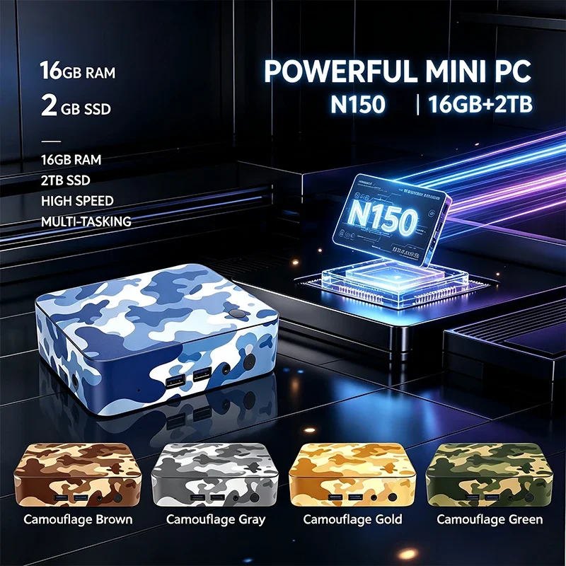 New Camouflage Intel N150 Mini PC 16GB+2TB High Speed Combo Dual HDMI 4K Gigabit Windows 11 Portable Desktop for Gaming&Office